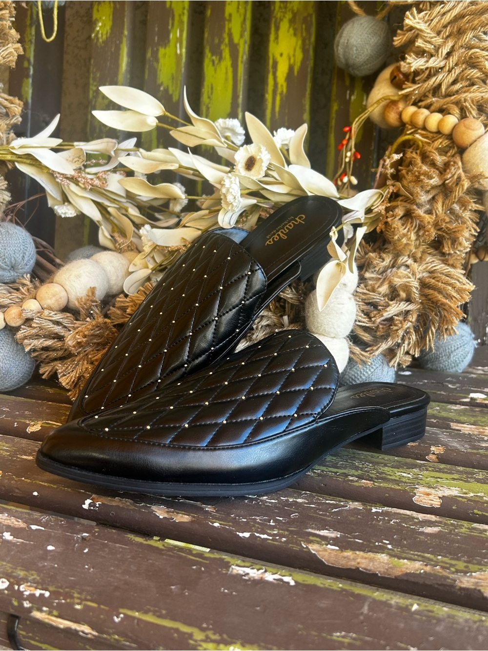 NWOT Charles David Black Quilted Leather Studded Slip-On Mules Sz 8.5